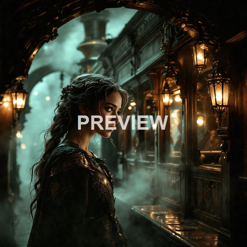A young woman with wavy hair and intricate earrings stands in a dimly lit, vintage-style train station or terminal with ornate wooden details and warm lantern lighting, looking contemplatively to the side.